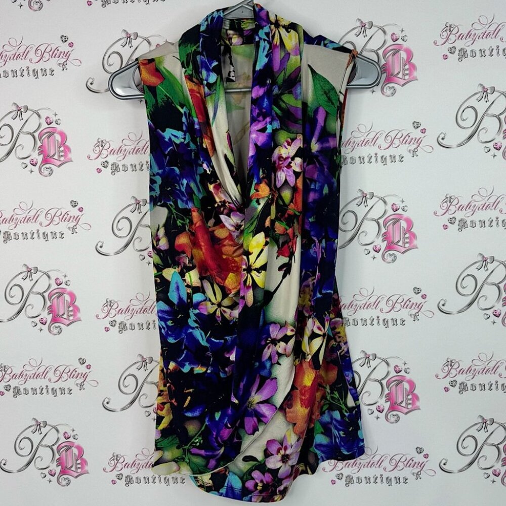 Laura tank top multicolor flowers swoop neck top Floral Sleeveless Women's Top